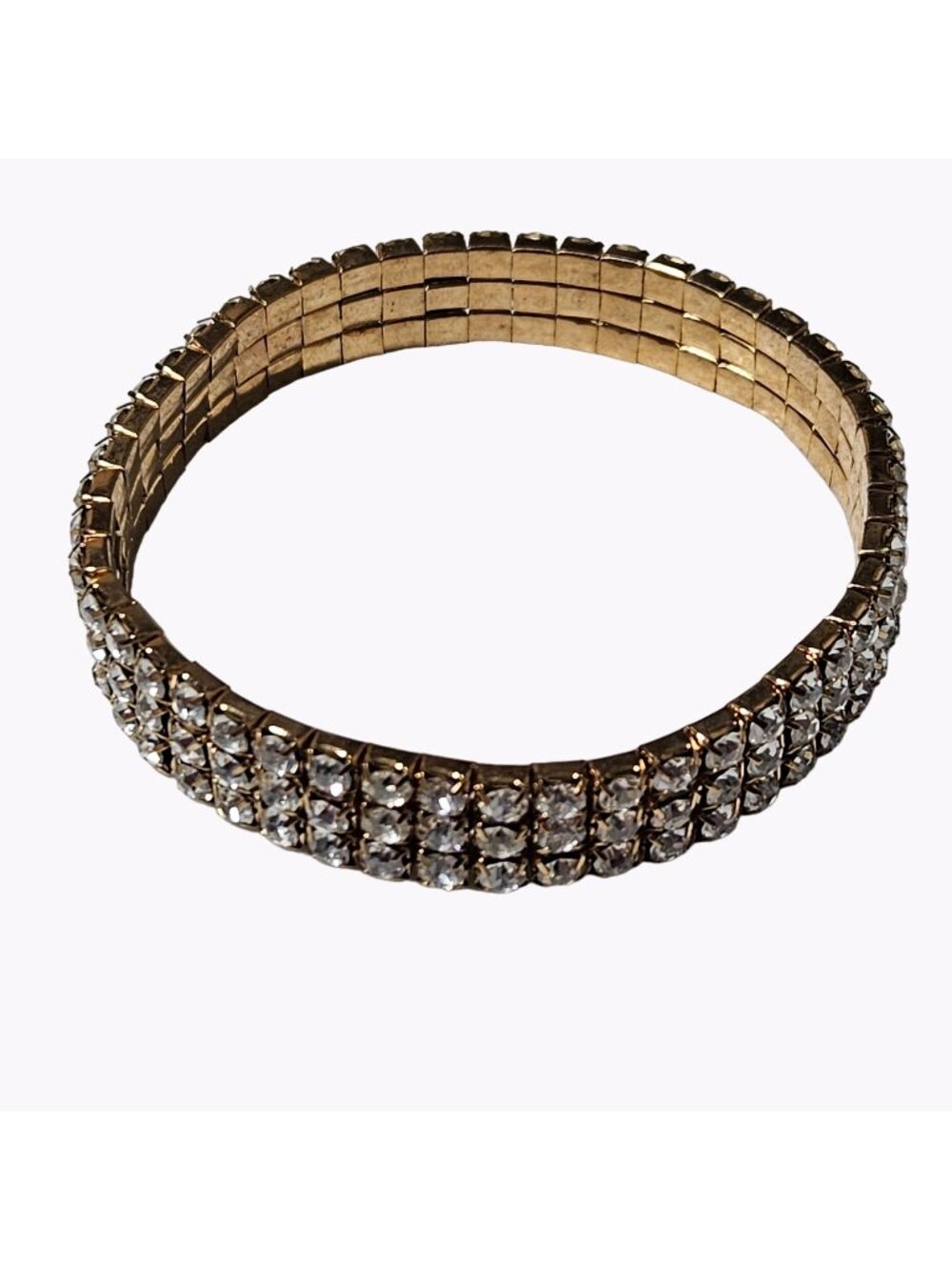 Vintage Rhinestone Three Strand Bracelet Gold Tone Stretch Fashion Jewelry Women